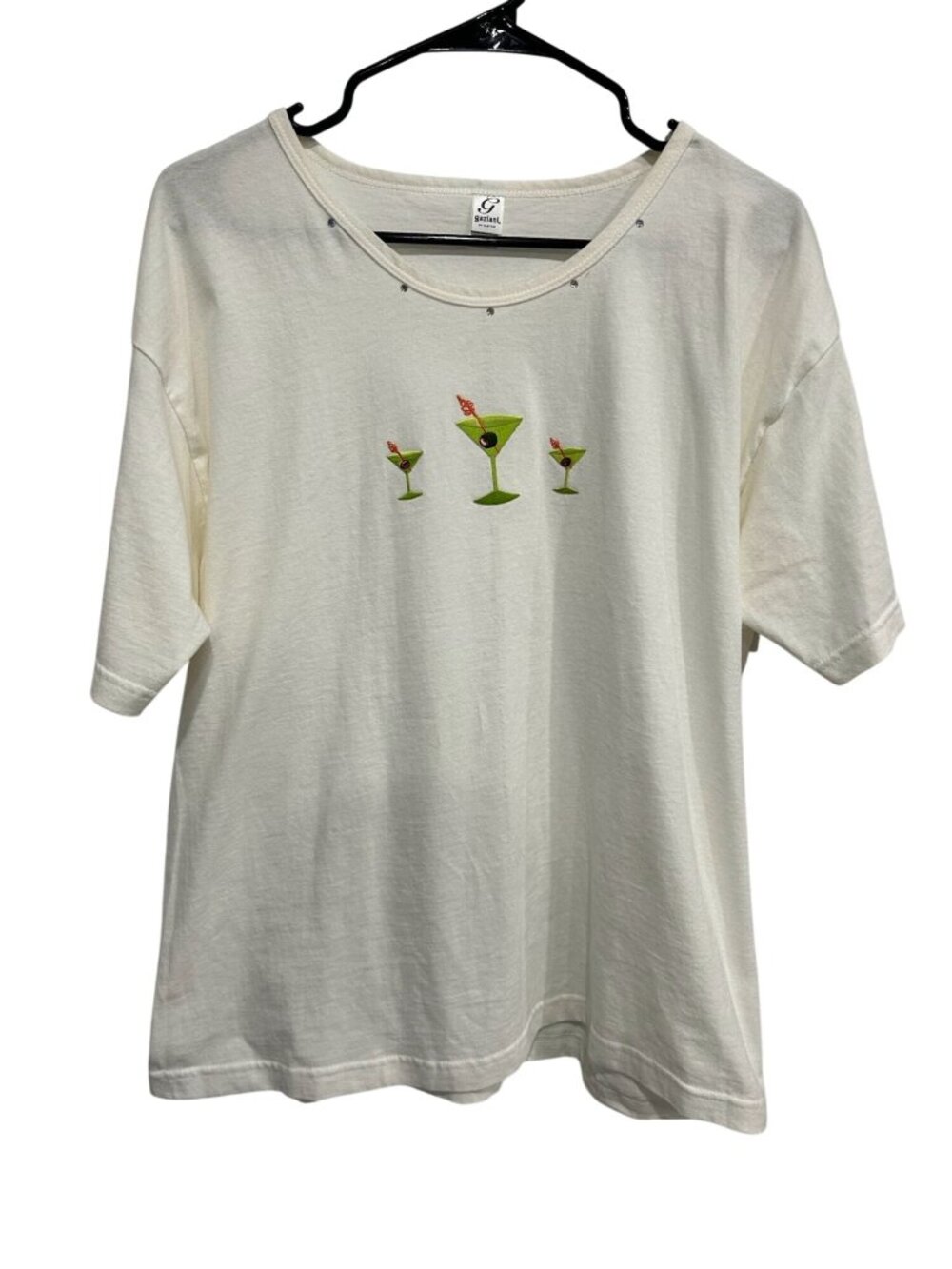 Gaziani XL Martini Glass Embroidered White Rhinestone T-Shirt Kitschy Retro